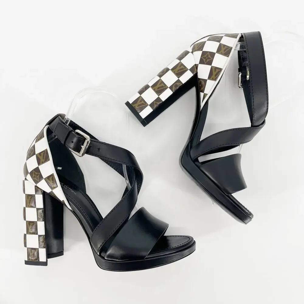 Louis Vuitton Black Monogram Damier Tressage Matchmake Check Heel Sandals EU 37